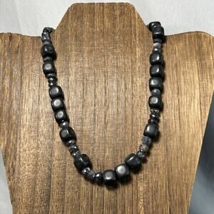 Boho Tumbled Stone Beaded Necklace Natural Black Stones And Faceted Glass 17”